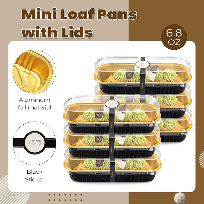 100 Pack Mini Loaf Pans with Lids Rectangle Individual Cake Pans Aluminum Foil Pans for Large Gatherings Picnics Vacations Parties(Black Gold, 6.8 OZ)