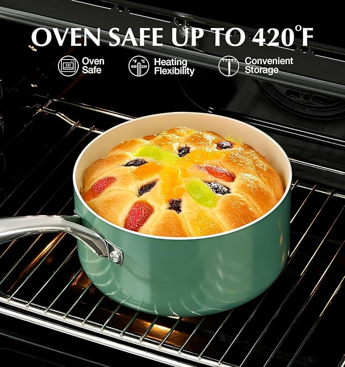 KOCH SYSTEME CS Nonstick Sauce Pan with Lid 1QT, 2QT & 3QT, Ceramic Saucepan Set 6Pcs, Non-Toxic Saucepan Set, Cooking Pots Set, Oven Safe & Induction Compatible, Green
