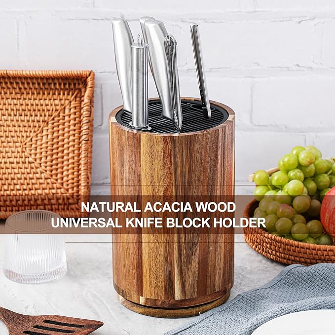 Hushee 360° Rotatable Knife Block Without Knives, 5.9 x 9 Inch Round Acacia Wood Knife Organizer Large Capacity Holder for Scissors Sharpening Rod, Holds up to 10 Knives, Kitchen Organization