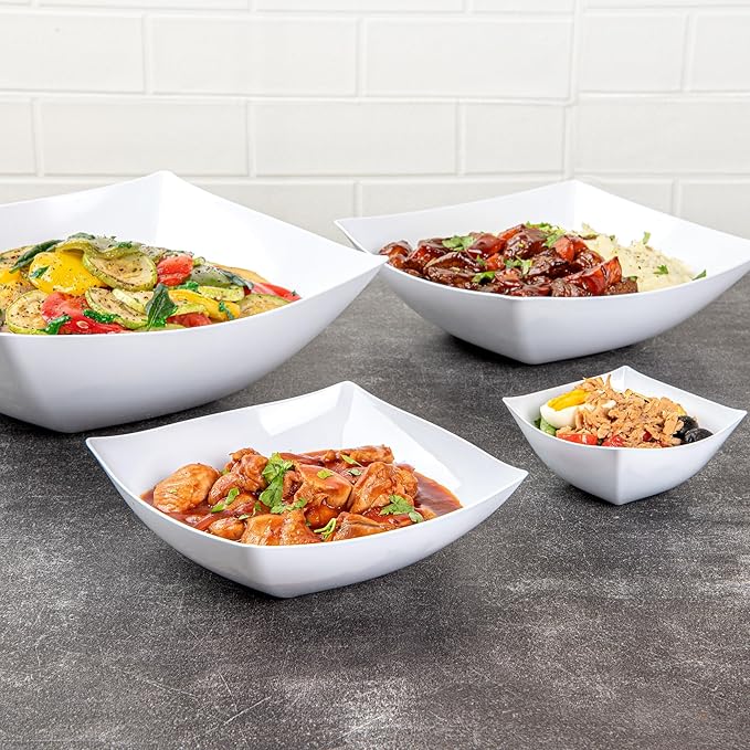 Restaurantware Moderna 32 Ounce Fancy Plastic Bowls 10 Square Disposable Salad Bowls - Durable Heavy-duty White Plastic Bowls For Warm And Cold Foods