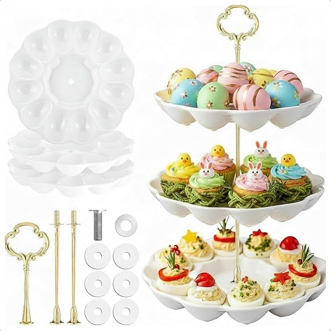 3 Tier Ceramic Easter Deviled Egg Platter 36 Hole Deviled Egg Tray Container, Detachable Eggs Holder Tower for Easter Party Food Container for Kitchen Countertop Microwave Dishwasher Freezer
