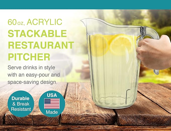 Arrow Home Products Clear Plastic Pitcher, 60 Ounce - Space-Saving Stackable Design - Fill with Ice Water, Beer or Juice - Ideal for Bars and Restaurants - Made in the USA, BPA Free, Dishwasher Safe