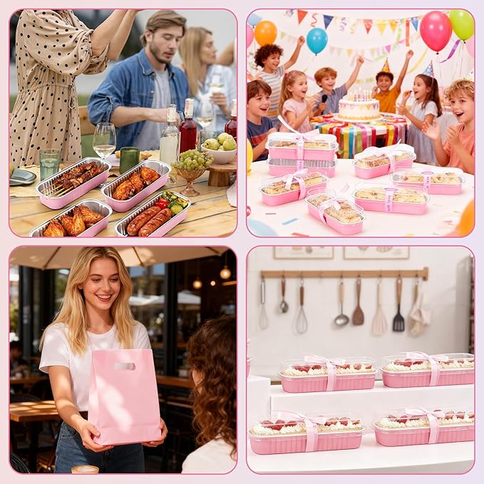 6.8oz Mini Loaf Pans with Lids, 100 Pcs Disposable Rectangular Aluminum Cake Pans, Pink Baking Pans with Lids and Spoons, Includes 20 Pink Gift Bags, Small Cake Tins Ideal for Cakes