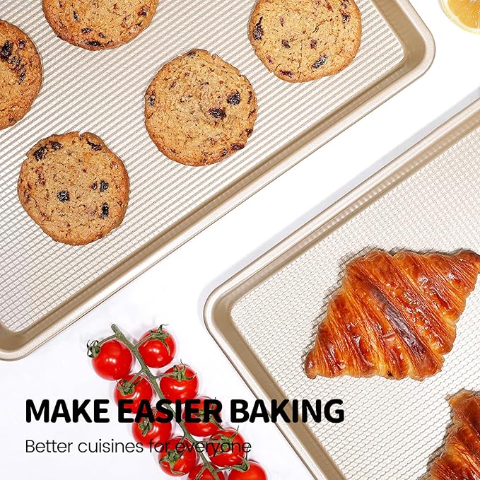 Vinino Baking Sheet Set of 2, Cookie Sheets For Baking with Square Texture Pattern, Thicker Carbon Steel Non-stick Baking Pan Half Pans Tray for Oven 17-GD