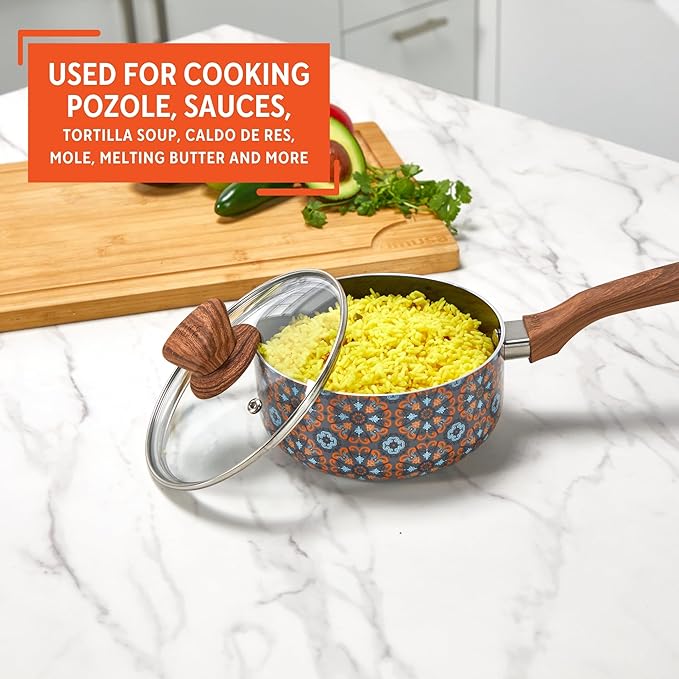 IMUSA 1.5 Quarts Talavera Nonstick Saucepan with Lid, Wood Look and Soft Touch Handle, Ceramic Coated