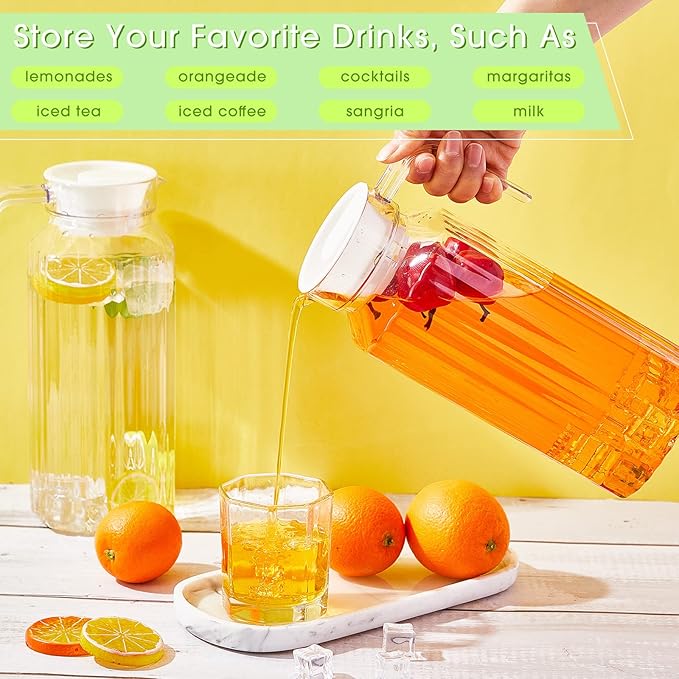 Panitay 2 Pcs 68 Ounces Plastic Pitcher with Lid Clear Acrylic Refrigerator Safe Pitcher Shatter Proof Juice Containers with Lids for Water Milk Sangria Lemonade Cold Drinks