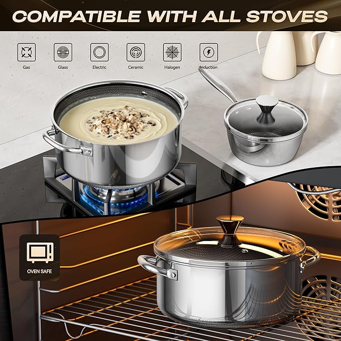 Stainless Steel Pots and Pans Set,6 Piece Nonstick Cookware Set,1,2 and 4 Quart Pots Set with Glass Lids,PFAS PFOA PTFE Free,Stay-Cool Handle,Dishwasher-Friendly,Oven-Safe,Compatible with All Cooktops