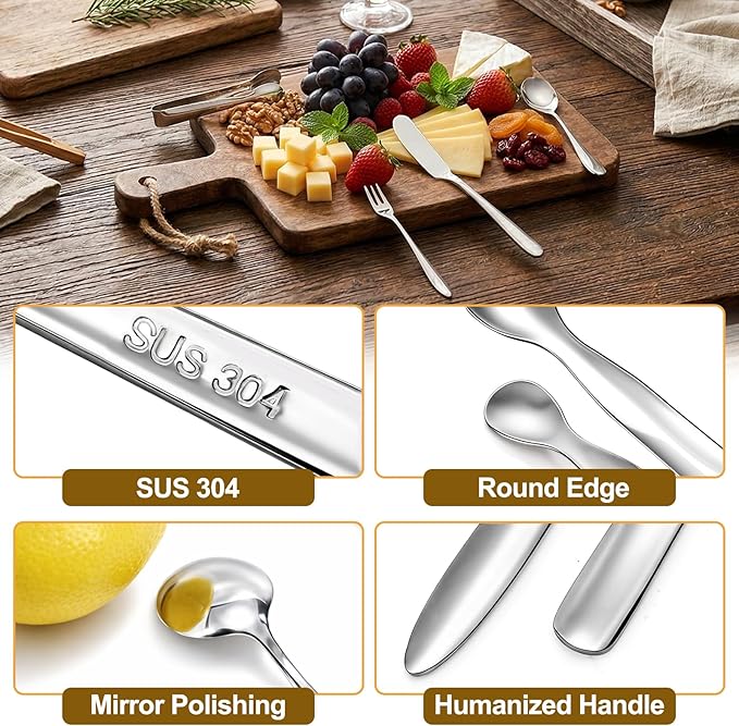 Suwimut 32 Pieces Cheese Butter Spreader Knives Set, Charcuterie Accessories Stainless Steel Cheese Spreader Knives, Mini Serving Tongs, Spoons and Forks for Butter Cheese Jam Appetizer Pastry Making
