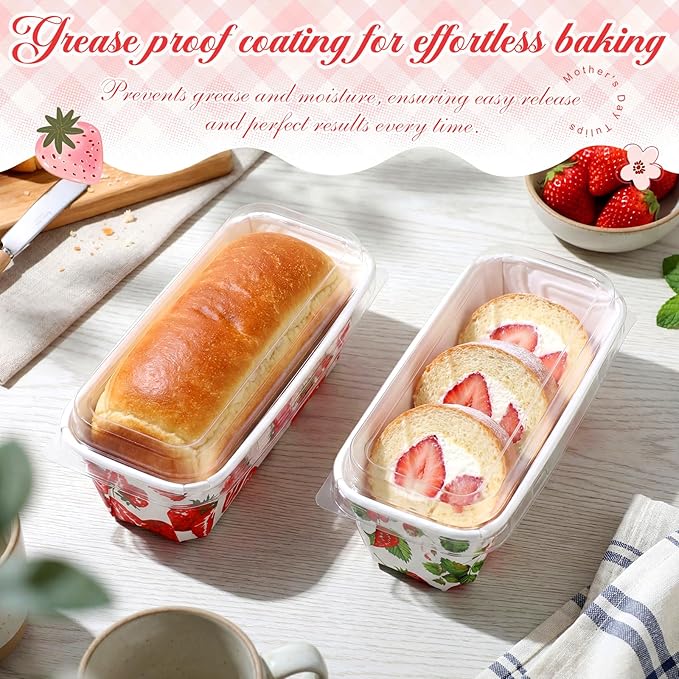 LemonRoad 100 Pcs Strawberry Mini Loaf Pans with Lids 6.3 x 2.2 x 2.2 in Disposable Paper Baking Pans Bulk, Strawberry Baby Shower Baking Party Supplies for Cake Bread Oven Bakery