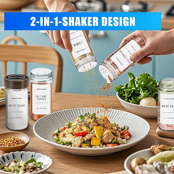 VIBRATITE 12 Pack Spice Jars with Acacia Lids, 4 oz Round Glass Jars Spice Containers Set with Labels, Pen, Funnel, Seasoning Storage Bottles with Shaker Lids for Rack, Cabinet, Drawer