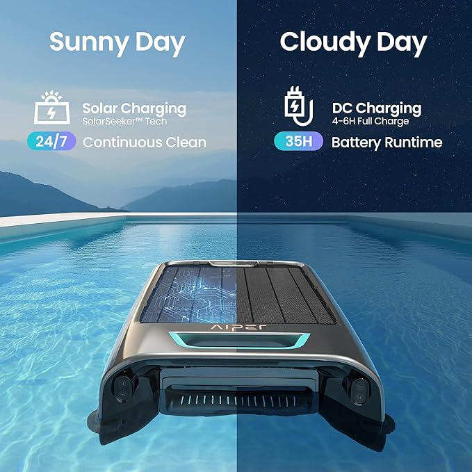 AIPER EcoSurfer S2 Solar Powered Pool Surface Skimmer Robot with APP Support, 24/7 Continuous Cleaning, Dual Charging Modes, Smart Obstacle Avoidance, 150-um Filtration, OTA Upgrade