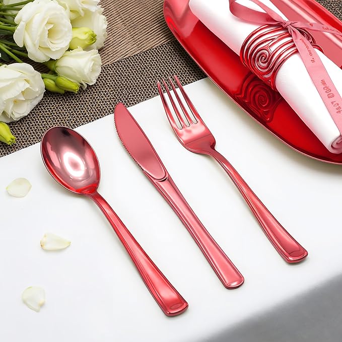 153 Pack Red Plastic Silverware - Heavy Duty Plastic Silverware Set - 51 Forks, 51 Knives, 51 Spoons Plastic Cutlery Disposable utensils for Valentine's Day Holiday Party Weddings Daily Use