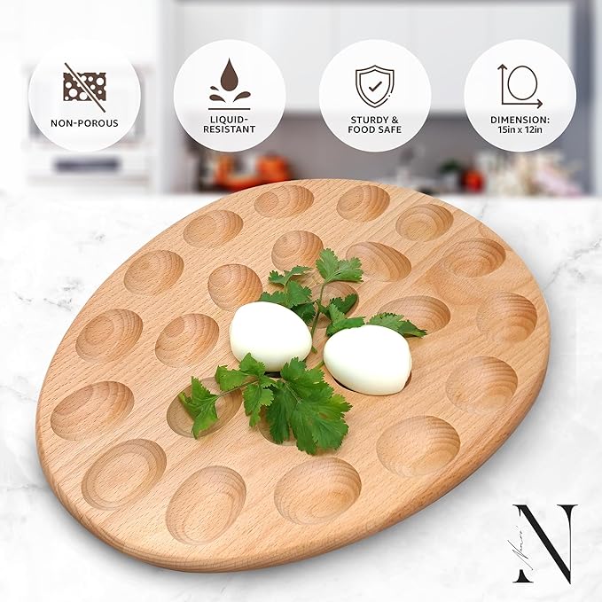 Namre' Deviled Egg Tray Wooden Holder for 24 Eggs – Reversible Oval Platter & Charcuterie Board, Easter Deviled Egg Carrier Serving Tray with Recipes, Holiday Entertaining