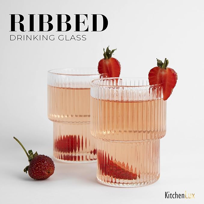 Ribbed Drinking Glasses - Ribbed Glass Cups 15 oz - Ribbed Glassware Set of 6 - Textured Vintage Retro Ripple Aesthetic Glass Ware for Whiskey Cocktail Beer Water, Coffee Bar Accessories