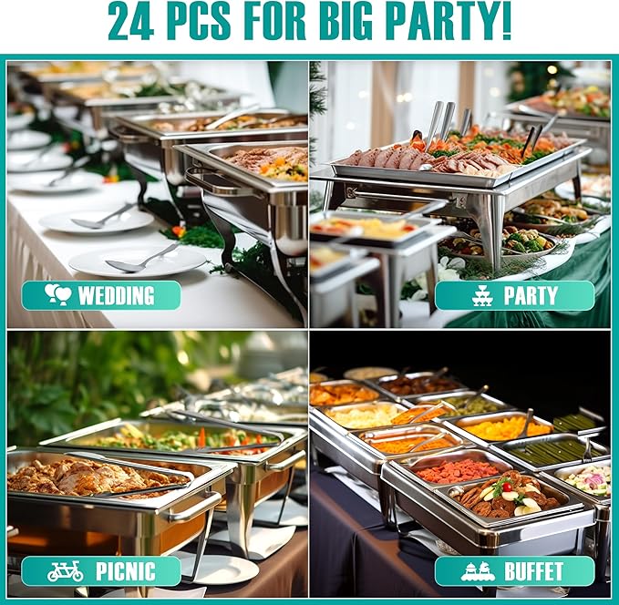 24 Pack Stainless Steel Large Serving Utensils Set - 10" Serving Spoons x 8, 10" Slotted Spoons x 8, and 9" Serving Tongs x 8 by Teivio, for Buffet, Chafing Dish, Catering Supplies (Silver)