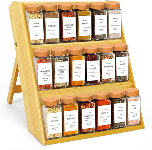Bamboo Spice Rack Organizer, 3 Tier Spice Shelf Stand for Kitchen Countertop, Wood Folding Spice Rack for Cabinet