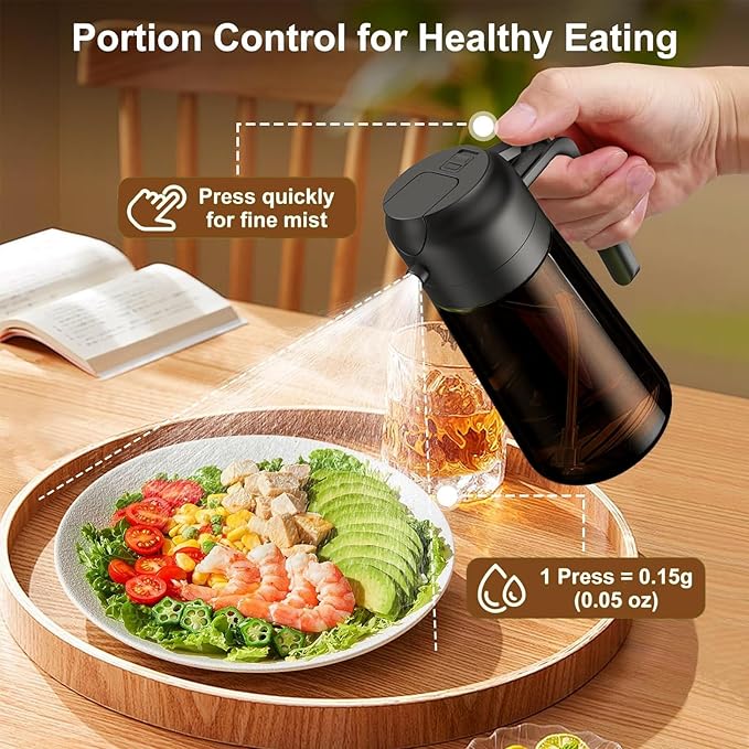 2 in 1 Oil Sprayer for Cooking, 16oz Olive Oil Dispenser Bottle for Kitchen, Food Grade Light-Blocking Leak Proof Glass Spray Bottle for Salad, Air Fryer, BBQ