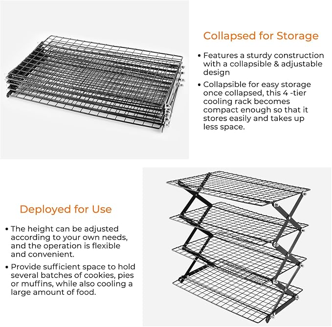 4-Tier Collapsible Cooling Rack with Adjustable 3 Setting, Wire Cooling Roasting Cooking Baking Drying Rack for Cookies Bread (Black-4 Tier)