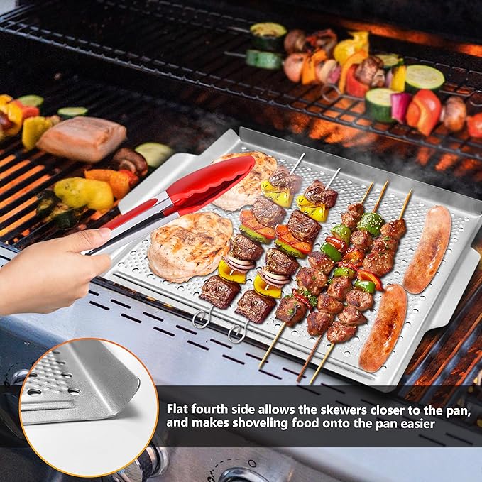 Grill Pan, Nonstick Grill Topper for Outdoor Grilling, Perforated BBQ Tray with Handles for Cooking Vegetable, Fish, Meat, Seafood