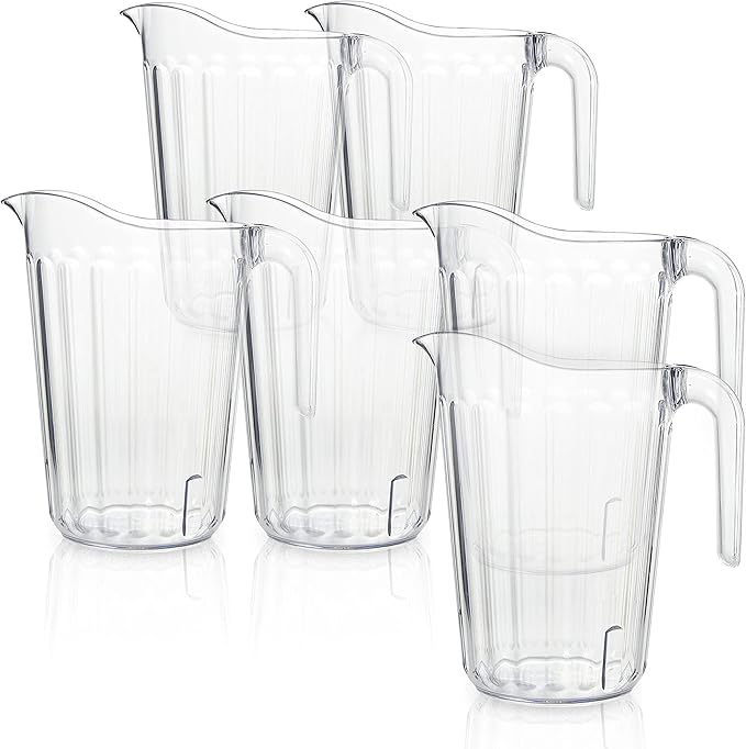 Arrow Home Products Clear Plastic Pitcher, 60 Ounce - 6 Pack Bulk Set for Bars and Restaurants - Space-Saving Stackable Design - Fill with Ice Water, Beer - Made in the USA, BPA Free, Dishwasher Safe