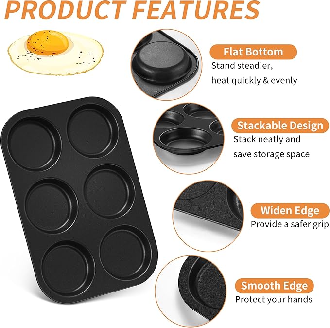 P&P CHEF Muffin Top Pan Set of 1, Stainless Steel 6-Cavity Shallow Cupcake Pans, Standard Bakeware for Eggs, Whoopie Pies, Cornbread, Cookies, Yorkshire Pudding, Easy Clean & Oven Safe, Black
