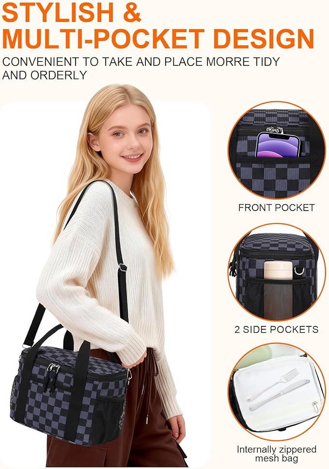 LOIDOU Lunch Box for Women Men Insulated Corduroy Lunch Bag Cooler Leakproof Reusable Adult Lunchbox Adjustable Strap lunch tote for Work Office Picnic, Gray-Black Grid
