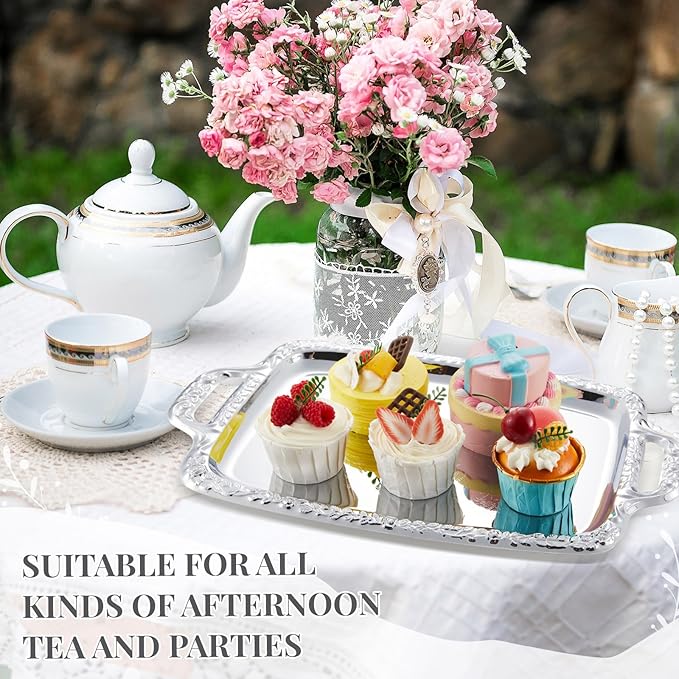 4 Pcs Silver Serving Tray Elegant Floral Metal Plate Silver Platter for Buffet Wedding Party Jewelry Decorative (Oblong with Handle)