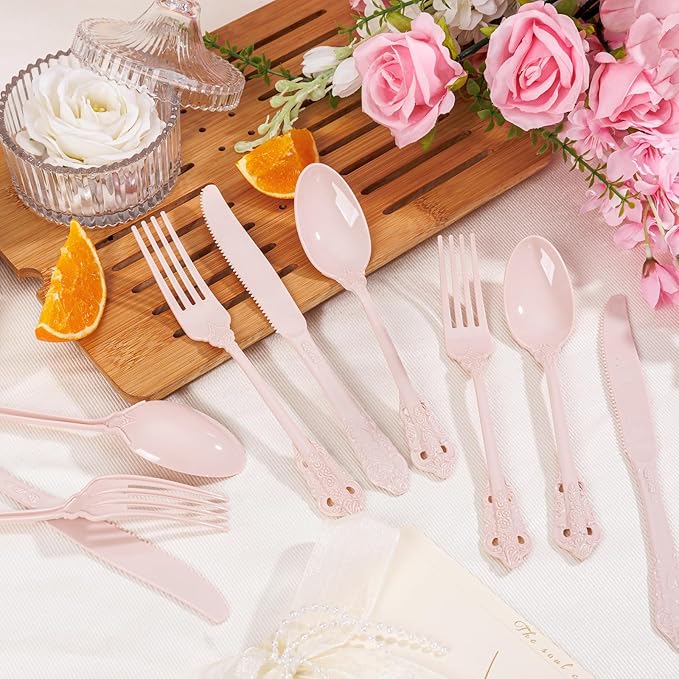 WDF 120 Pieces Heavy Duty Pink Plastic Cutlery Set - Disposable Utensils - Disposable Flatware Includes 40 Forks, 40 Spoons, 40 Knives for Party Baby Shower Wedding Spring Easter