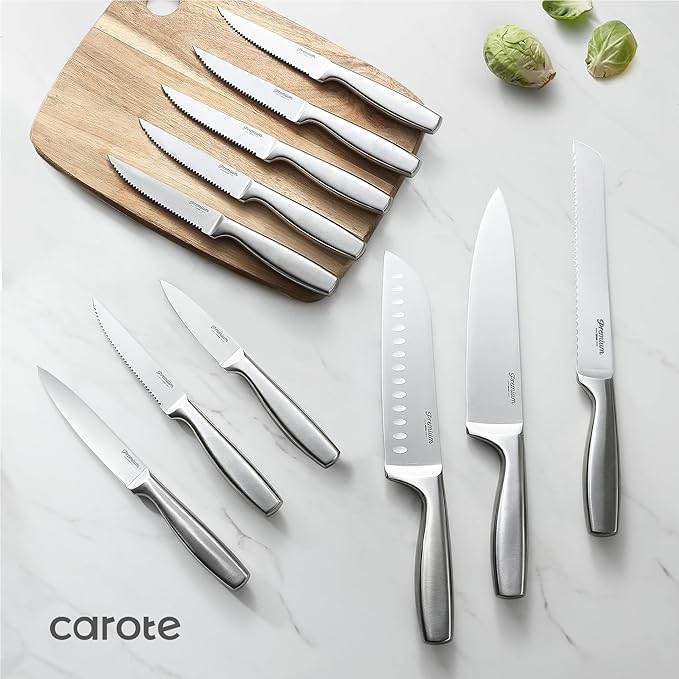 CAROTE 12-Piece Knife Set, All-Stainless Steel Knife Block Set, Kitchen Knives with Wooden Block, Razor-Sharp and Ergonomic, Easy Cleaning