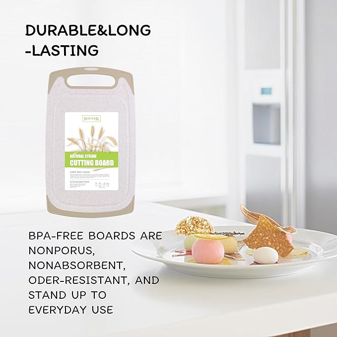 Cutting Board for Kitchen, Wheat Straw Fiber Cutting Board, Dish Washer Safe, w/Juice Grooves for Meat, Veggies,Easy Grip Handle, Non-slip Surface,Eco-friendly,Serveware Accessories(13.8‘x8.2‘)