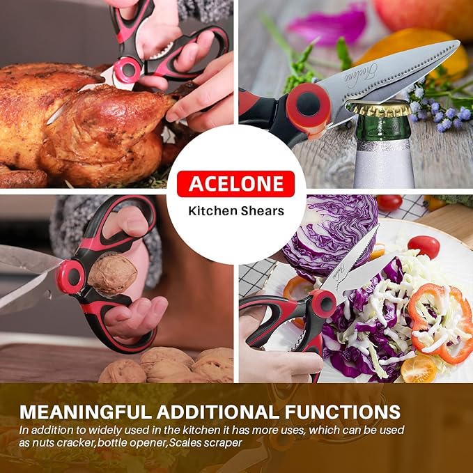 Acelone Kitchen Shears,Kitchen Scissors Heavy Duty Meat Scissors Poultry Shears, Dishwasher Safe Food Cooking Scissors All Purpose Stainless Steel Utility Scissors, 2-Pack (Red,Orange)