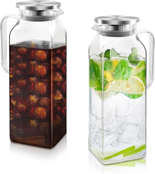 68 oz Borosilicate Square Glass Pitcher with Lid and Spout, Heat Resistant -4°F to 302°F, Lightweight Water Pitchers, Water Jugs, Glass Carafe with Handle, Ideal for Fridge Storage(2Pack)