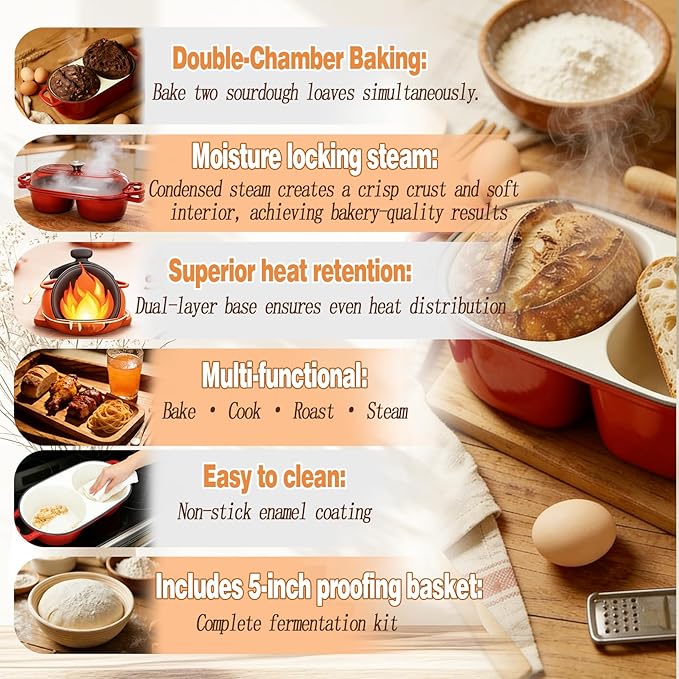 DIY Double Dutch Oven for Sourdough Bread Baking – Enamel Cast Iron Bread Baker with Lid, Bake Two Different Loaves at Once, 500°F Oven Safe, Includes 2×5" Banneton Proofing Baskets