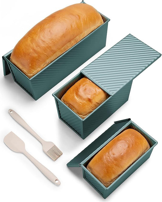 CARTMAN 3-Piece Pullman Loaf Pan with Lid Set – Non-Stick Carbon Steel Bread Pan with Bottom Vents – Includes Large (12.4"), Medium (8.2") & Mini (6.3") Sizes plus Silicone Tools – Sage Green