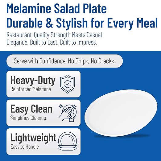Carlisle FoodService Products Stadia Reusable Plastic Plate Salad Plate for Home and Restaurant, Melamine, 9 Inches, White, (Pack of 12)