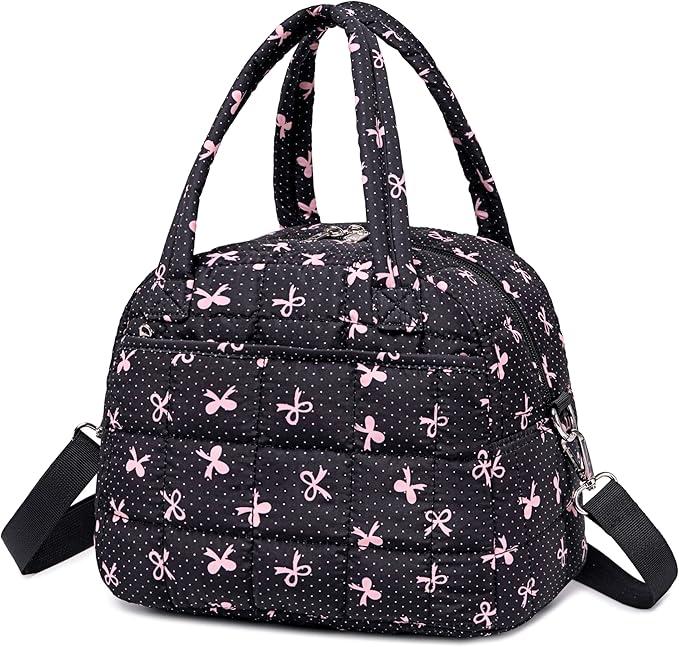 LEDAOU Lunch Box for Women Lunch bag Quilted Puffer Lunch Box Insulated Reusable LunchBox for Work School Picnic Travel (Pink Bow - Black)