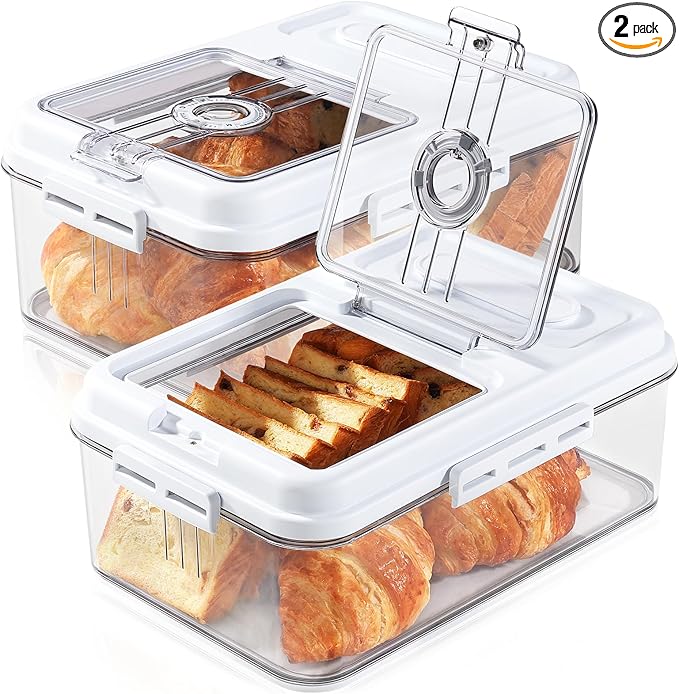 Dynta Bread Box for Homemade Bread for Kitchen Counter Airtight, Time Recording Bread Storage Container with Lid, Bread Keeper for Toast, Bagel, Donut and Cookies, 2 Pack