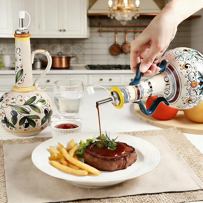 Ceramic Olive Oil Dispenser Bottle 23oz, Hand Painted Olive Oil Bottles, Decorative Stoneware Olive Oil Cruet for Kitchen with Stainless Steel Spout for Oils, Sauces, Vinegar
