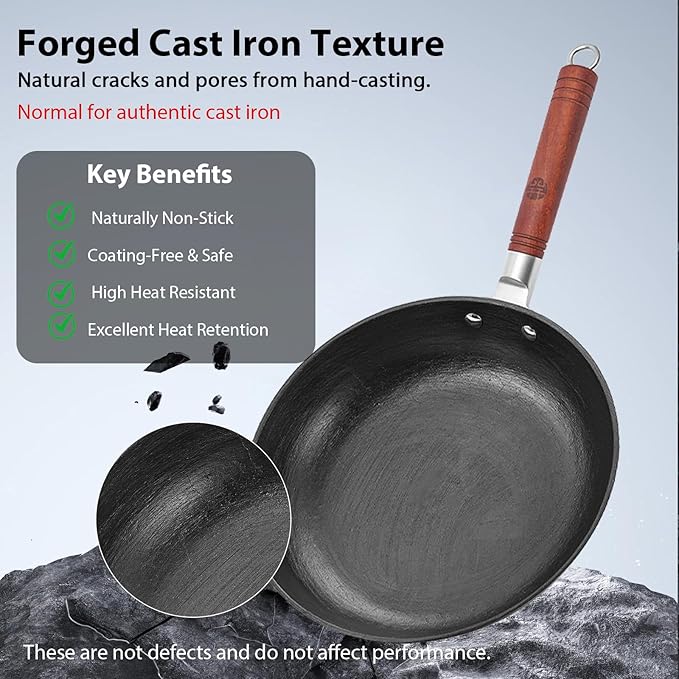 WANGYUANJI 10.2Inch Cast Iron Skillet with Lid-Handcrafted Vintage Frying Pan with Refined Tortoise Shell Texture,Flat Bottom Omelet Pan for Induction,Gas & Electric (Requires Seasoning)