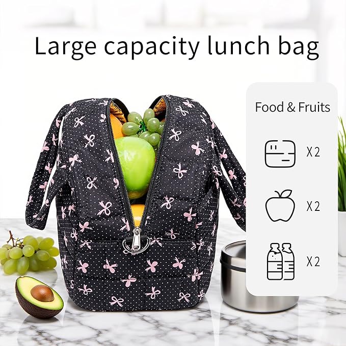 LEDAOU Lunch Box for Women Lunch bag Quilted Puffer Lunch Box Insulated Reusable LunchBox for Work School Picnic Travel (Pink Bow - Black)