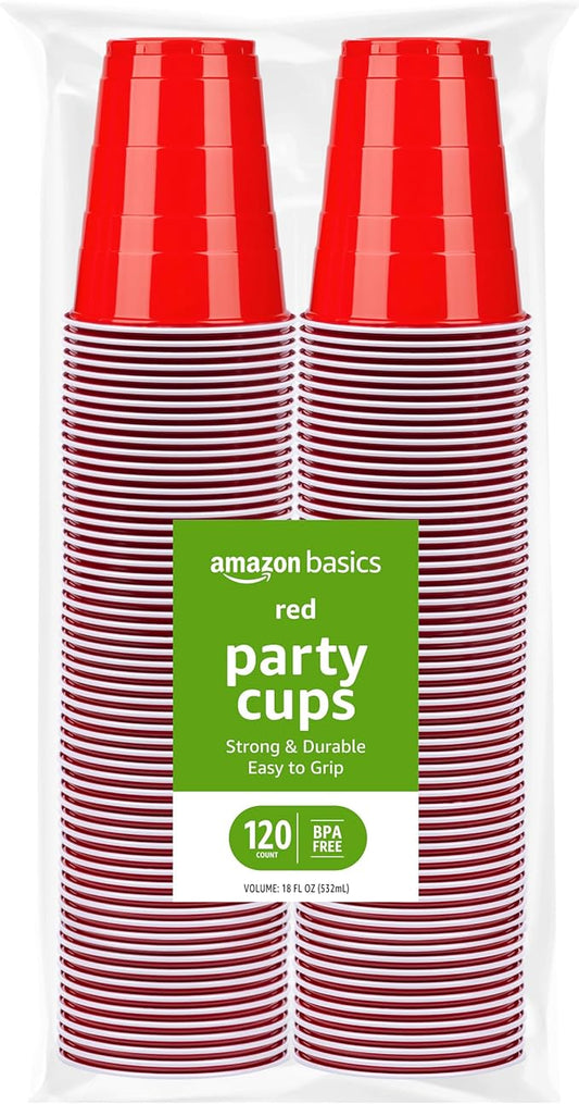 Amazon Basics Disposable Red Plastic Party Cups, BPA-Free, 18oz, for Birthdays, BBQs and Events, 120 Count