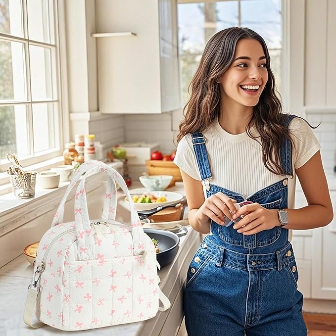 LEDAOU Lunch Box for Women girls Lunch bag Quilted Puffer Lunch Box with Adjustable Strap Insulated Reusable LunchBox for Work School Picnic Travel (Pink Bow)