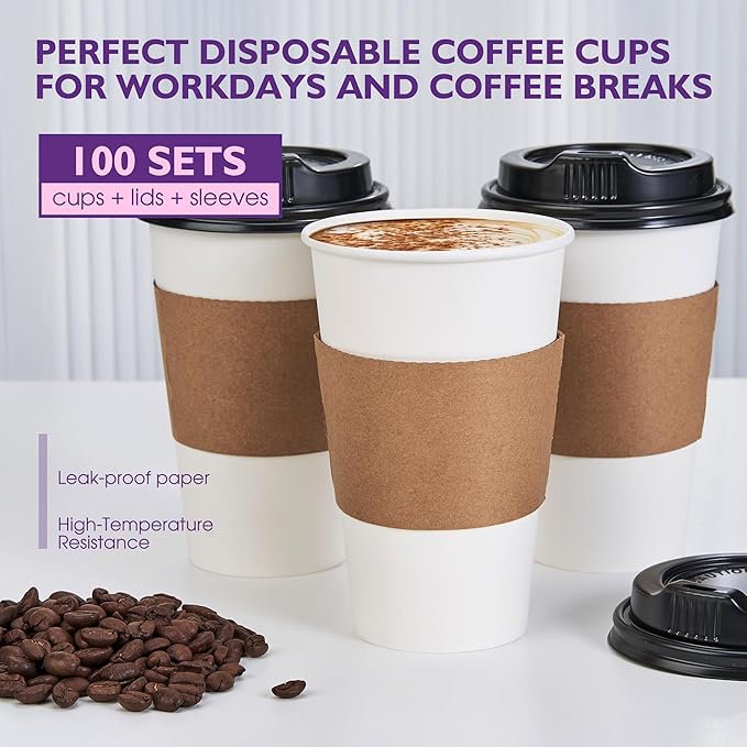16 oz 100 Pack Disposable Coffee Cups with Lids and Sleeves, To Go Coffee Cups with Lids, Hot/Cold Beverage Drinking Cup for Coffee, Tea