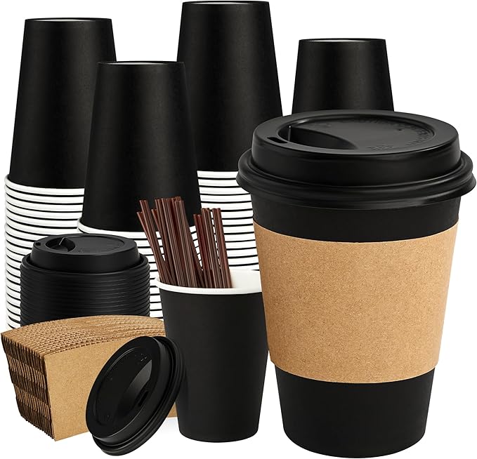 12 oz 50 Pack Black Disposable Paper Coffee Cups with Lids, Sleeves and Straws, Disposable Hot Cups for Coffee, Tea, Cocoa, Water