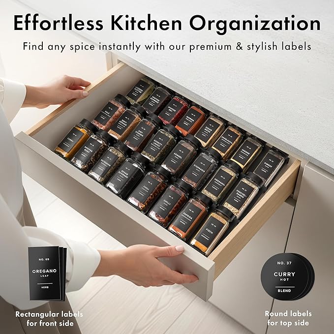 Glass Spice Jars with Label and Black Lids (36 x 4oz) Spice Containers with 240 Labels, Shaker Inserts, Steel Funnel, Empty Square Empty Square Seasoning Organizer
