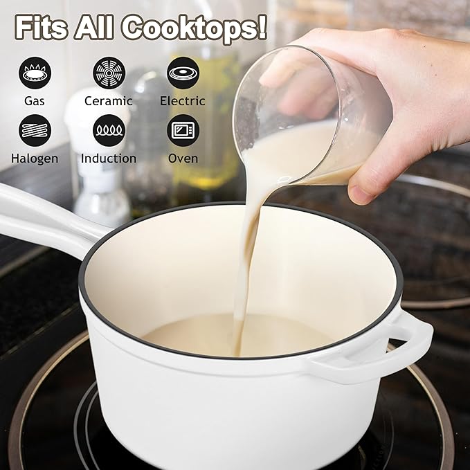 1 Qt & 2 Qt Pots and Pans Set, Leonyo Enameled Cast Iron Saucepan with Lid, Small Cast Iron Dutch Oven Kitchen Cookware Appliances for All Cooktops Cooking Pasta, Milk, Egg - Up to 500°F, White