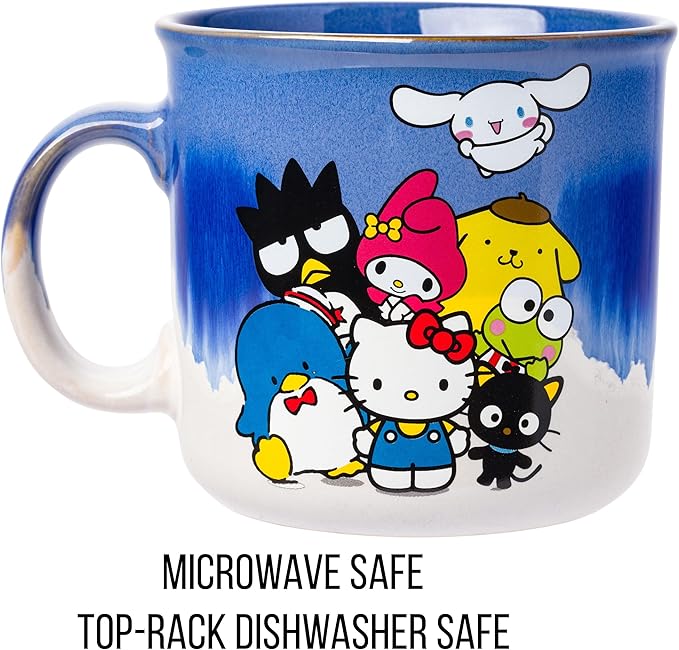 Silver Buffalo Sanrio Hello Kitty and Friends Featuring Chococat, Tuxedo Sam, Badtz-Maru, My Melody, Pompompurin, Keroppi, and Cinnamoroll Reactive Glaze Ceramic Camper Mug, 20 Ounces
