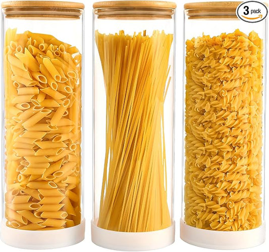 73oz Glass Spaghetti Pasta Containers for Pantry Organization, 3-Pack Large Airtight Food Jars with Bamboo Lids and Protective Silicone Base, Clear Storage Canisters for Flour, Cereal, Rice