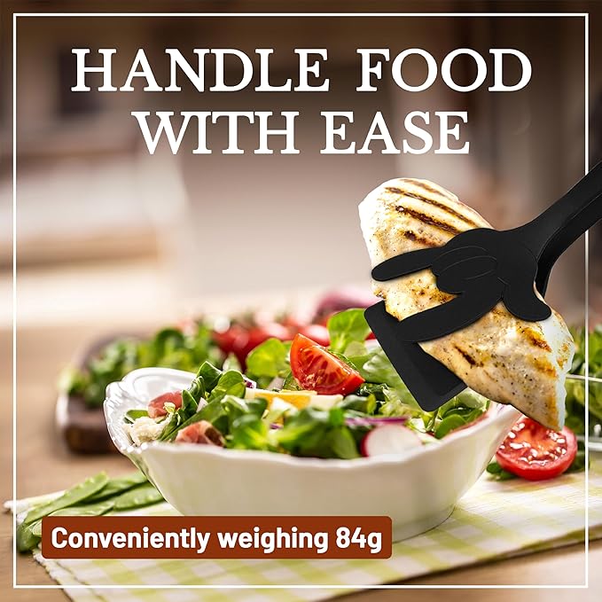 2 in 1 Flipper Spatula with tongs - Nylon Easy Grip Flip Spatula for Hash browns, Burgers, Steaks, French Toast, Omelets, Pancakes - Non-Stick Head, Ergonomic Handle (Black and Black Mickey)