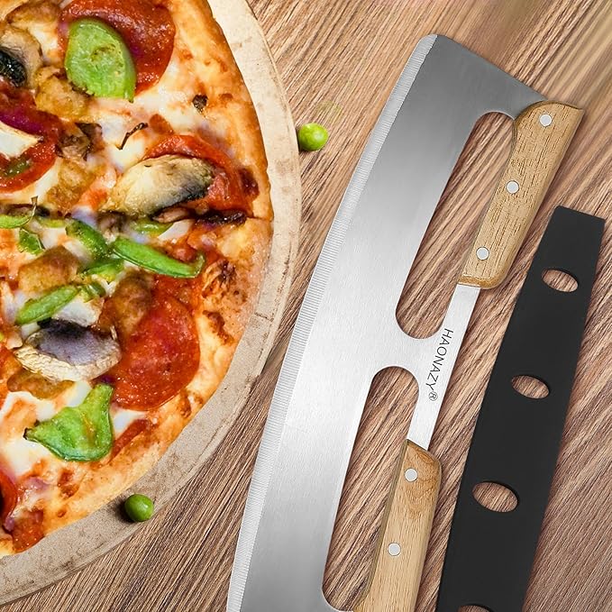 Sharp Pizza Cutter Rocker 14 inch with Double Handles and Protective Cover, Good for Kitchen Dining Room